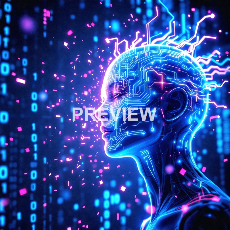 A digital illustration of a human-like face with circuitry and glowing lines, surrounded by floating data and binary code, representing artificial intelligence and technology.